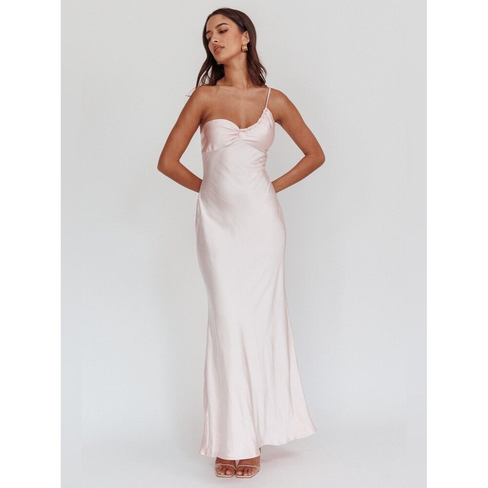 Selfie Leslie Satin One Shoulder Maxi Dress Blush Pink Size S